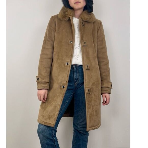 Vintage Brown Tan Dana Buchman Faux Fur Shearling Coat with Fur Collar - Picture 2 of 8